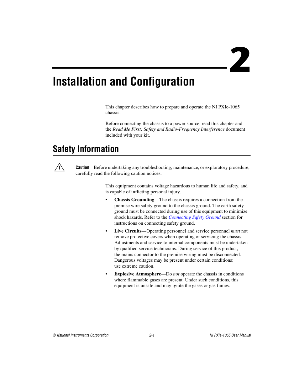 Chapter 2 installation and configuration, Safety information, Safety information -1 | Installation and configuration | National Instruments PXI Express NI PXIe-1065 User Manual | Page 22 / 75