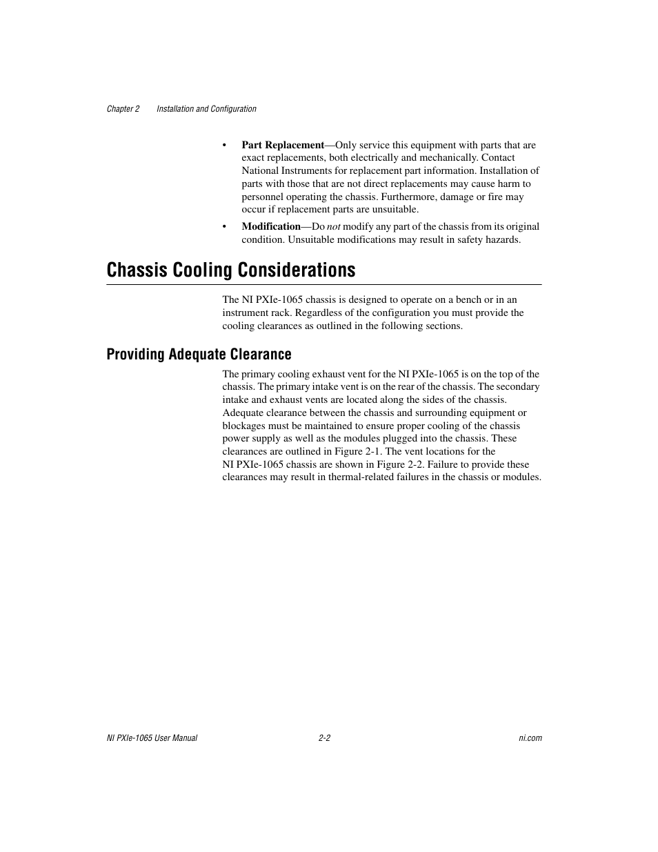 Chassis cooling considerations, Providing adequate clearance, Chassis cooling considerations -2 | Providing adequate clearance -2 | National Instruments PXI Express NI PXIe-1065 User Manual | Page 23 / 75