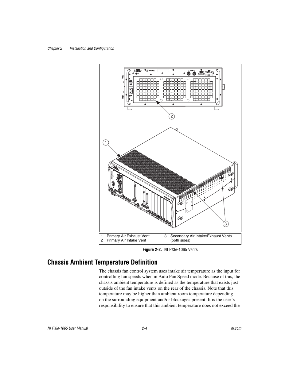 Figure 2-2. ni pxie-1065 vents, Chassis ambient temperature definition, Chassis ambient temperature definition -4 | National Instruments PXI Express NI PXIe-1065 User Manual | Page 25 / 75