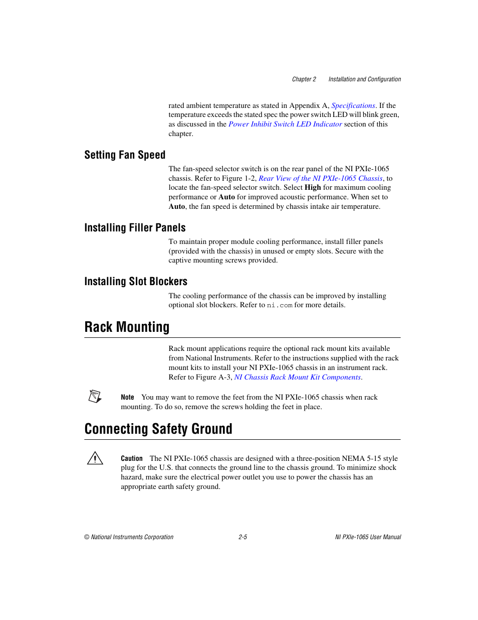 Setting fan speed, Installing filler panels, Installing slot blockers | Rack mounting, Connecting safety ground, Rack mounting -5 connecting safety ground -5 | National Instruments PXI Express NI PXIe-1065 User Manual | Page 26 / 75
