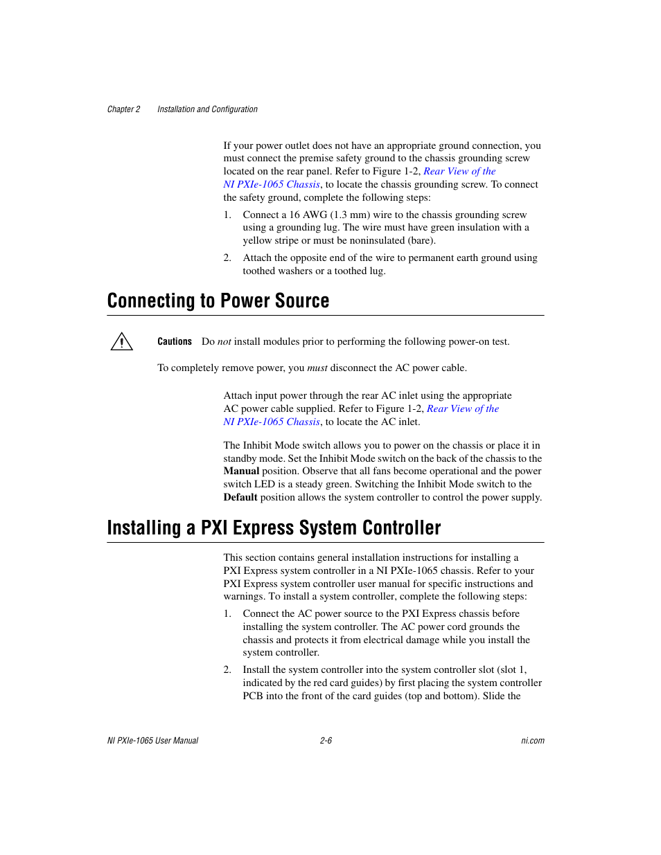 Connecting to power source, Installing a pxi express system controller, Connecting to power source -6 | Installing a pxi express system controller -6 | National Instruments PXI Express NI PXIe-1065 User Manual | Page 27 / 75