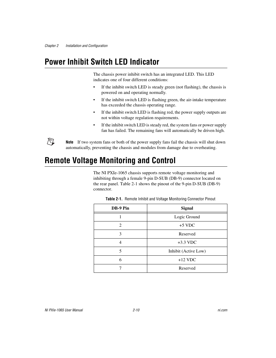 Power inhibit switch led indicator, Remote voltage monitoring and control, Secti | National Instruments PXI Express NI PXIe-1065 User Manual | Page 31 / 75