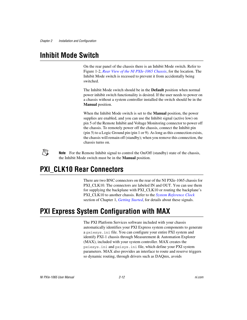 Inhibit mode switch, Pxi_clk10 rear connectors, Pxi express system configuration with max | Inhibit mode, Switch | National Instruments PXI Express NI PXIe-1065 User Manual | Page 33 / 75