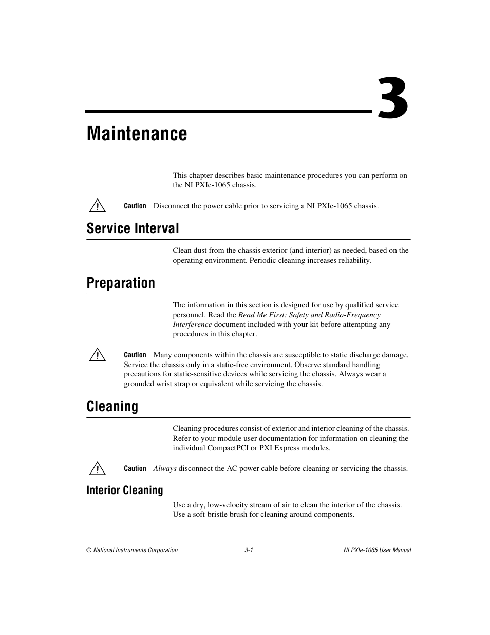 Chapter 3 maintenance, Service interval, Preparation | Cleaning, Interior cleaning, Service interval -1 preparation -1 cleaning -1, Interior cleaning -1, Maintenance | National Instruments PXI Express NI PXIe-1065 User Manual | Page 38 / 75