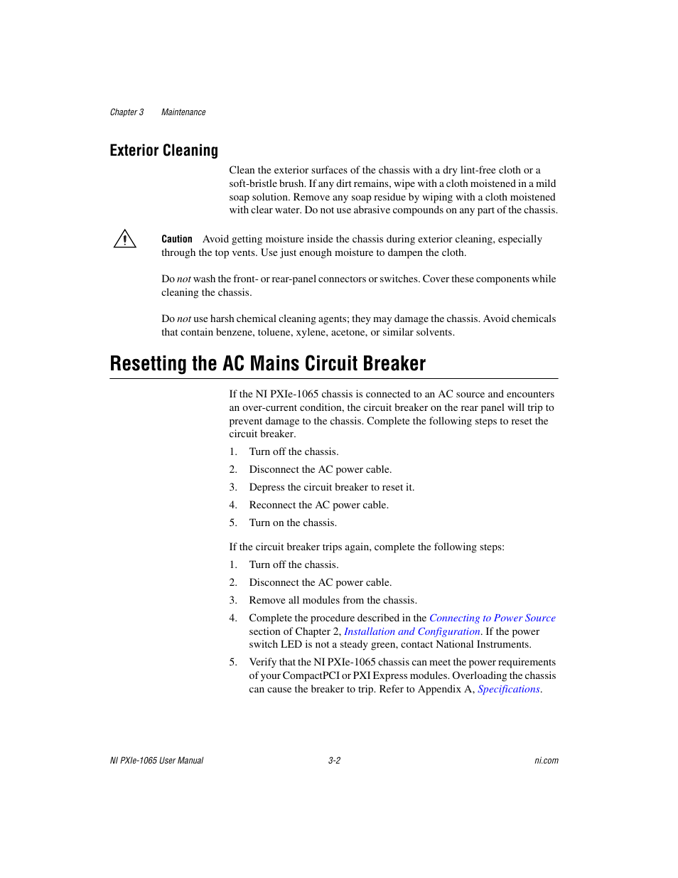 Exterior cleaning, Resetting the ac mains circuit breaker, Exterior cleaning -2 | Resetting the ac mains circuit breaker -2 | National Instruments PXI Express NI PXIe-1065 User Manual | Page 39 / 75