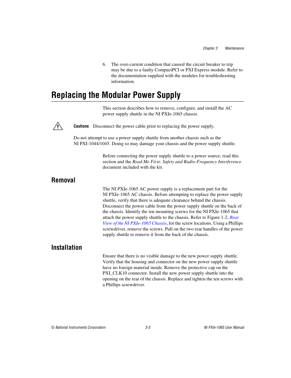 Replacing the modular power supply, Removal, Installation | Replacing the modular power supply -3, Removal -3 installation -3 | National Instruments PXI Express NI PXIe-1065 User Manual | Page 40 / 75