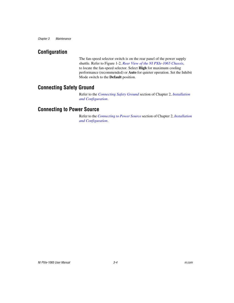 Configuration, Connecting safety ground, Connecting to power source | National Instruments PXI Express NI PXIe-1065 User Manual | Page 41 / 75