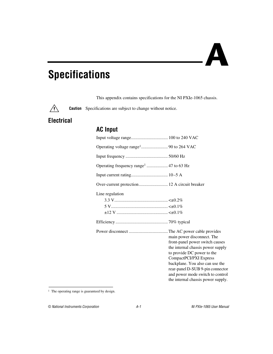 Appendix a specifications, Specifications | National Instruments PXI Express NI PXIe-1065 User Manual | Page 42 / 75