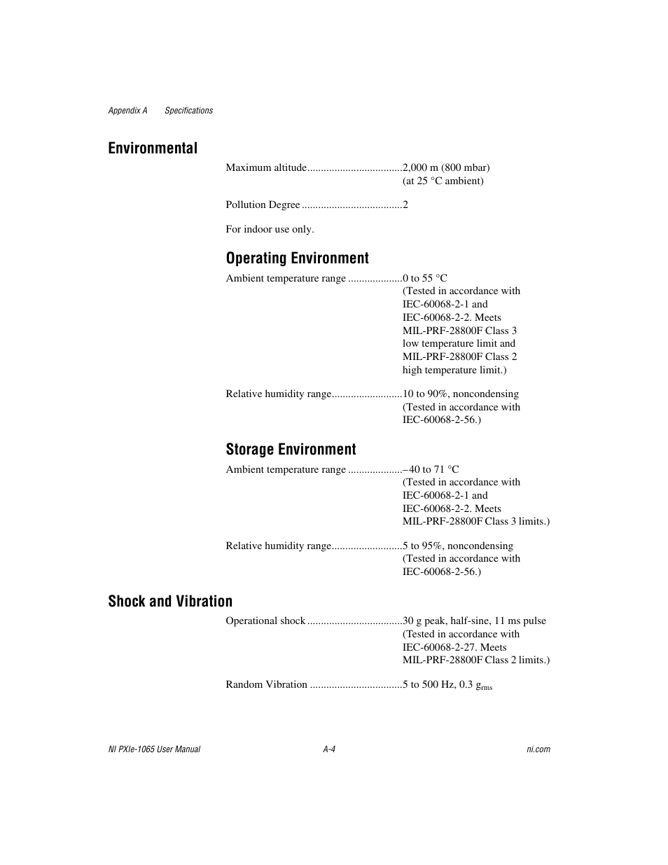 Environmental, Operating environment, Storage environment | Shock and vibration | National Instruments PXI Express NI PXIe-1065 User Manual | Page 45 / 75