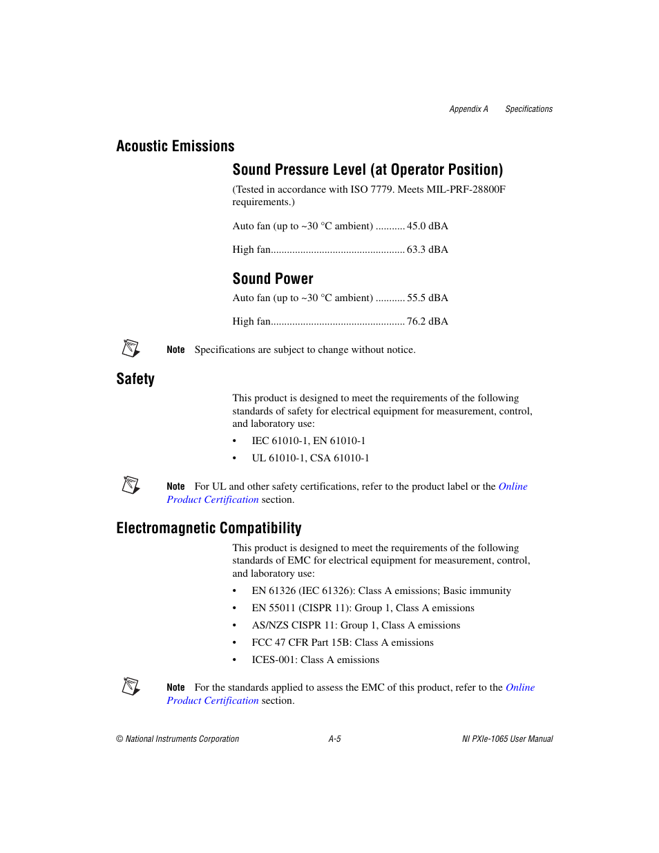 Sound power, Safety, Electromagnetic compatibility | National Instruments PXI Express NI PXIe-1065 User Manual | Page 46 / 75
