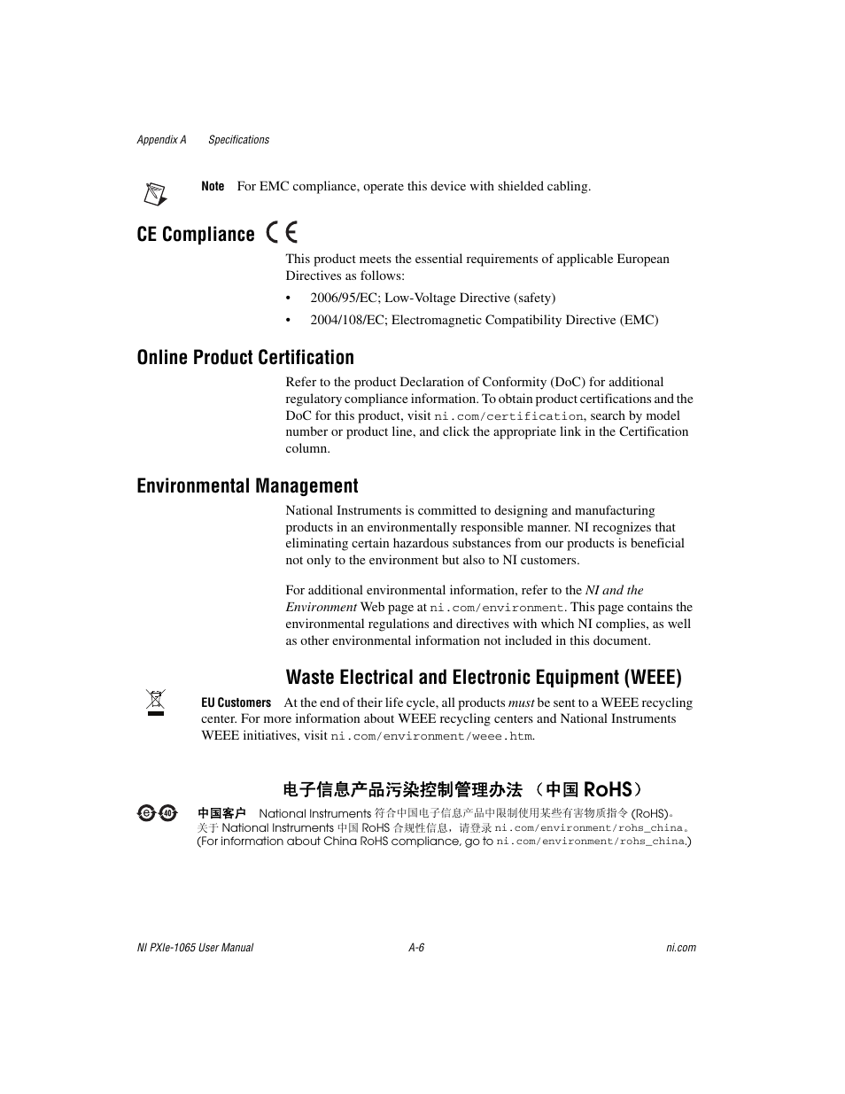 Online, Product certification, Rohs | Ce compliance, Online product certification, Environmental management, Waste electrical and electronic equipment (weee), ᄤֵᙃѻક∵ᶧ᥻ࠊㅵ⧚ࡲ⊩ ˄ё | National Instruments PXI Express NI PXIe-1065 User Manual | Page 47 / 75