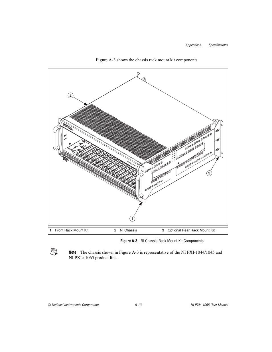Figure a-3. ni chassis rack mount kit components, Ion, refer to figure a-3, Ni chassis rack mount kit | Components, Ni chassis rack mount kit components | National Instruments PXI Express NI PXIe-1065 User Manual | Page 54 / 75
