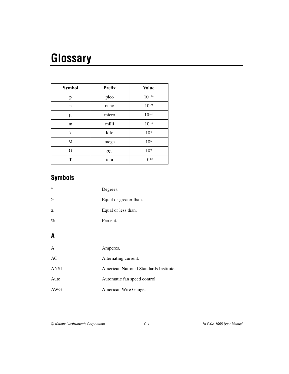 Glossary, Symbols | National Instruments PXI Express NI PXIe-1065 User Manual | Page 65 / 75