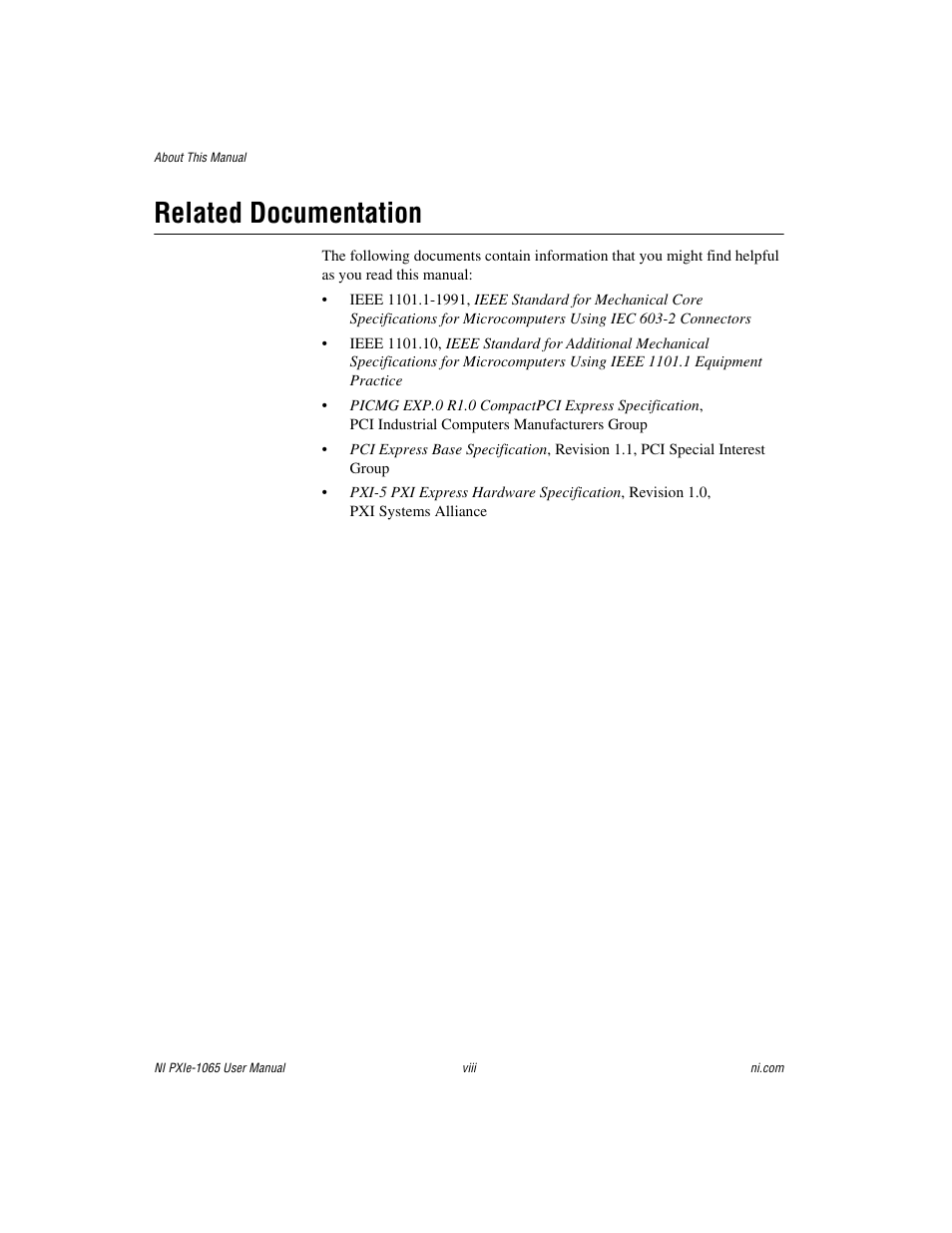 Related documentation | National Instruments PXI Express NI PXIe-1065 User Manual | Page 7 / 75