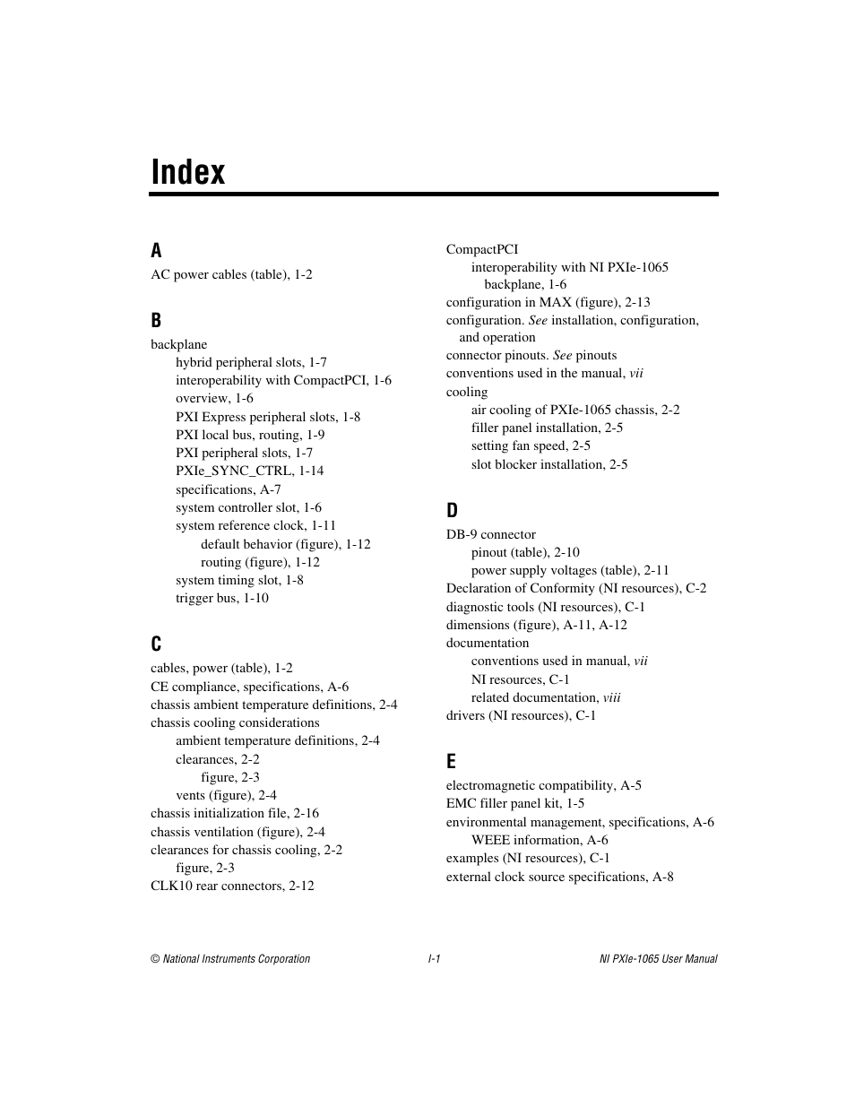 Index | National Instruments PXI Express NI PXIe-1065 User Manual | Page 71 / 75
