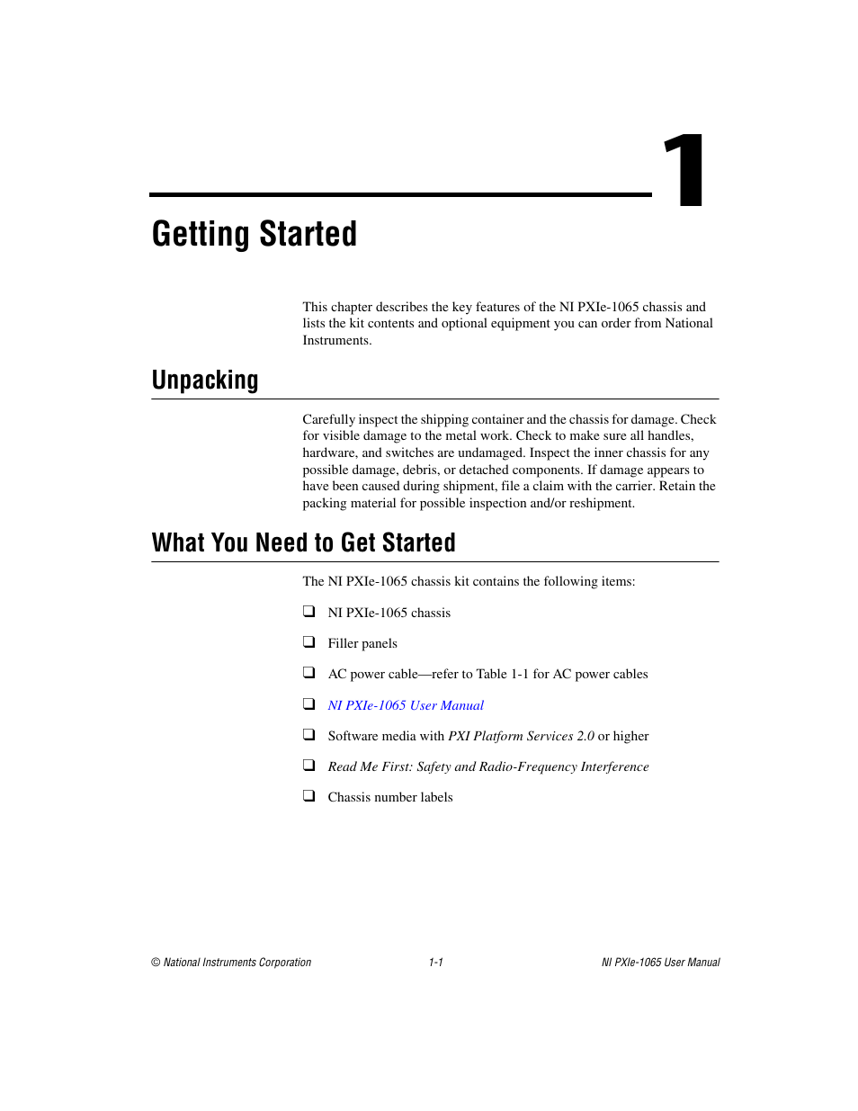 Chapter 1 getting started, Unpacking, What you need to get started | Unpacking -1 what you need to get started -1, Getting started | National Instruments PXI Express NI PXIe-1065 User Manual | Page 8 / 75