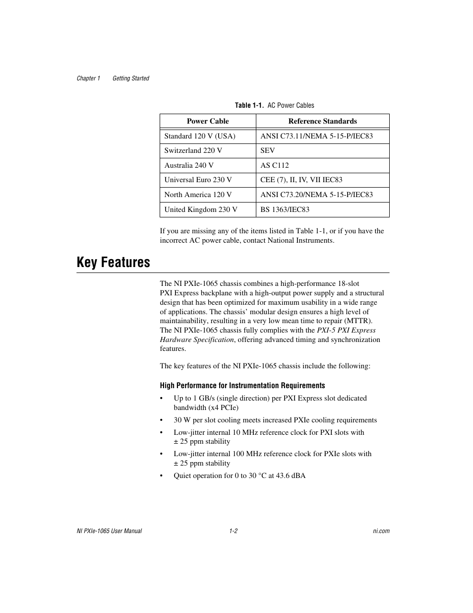 Table 1-1. ac power cables, Key features, Key features -2 | National Instruments PXI Express NI PXIe-1065 User Manual | Page 9 / 75
