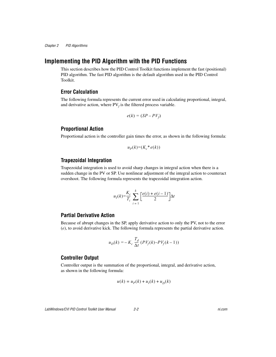 Error calculation, Proportional action, Trapezoidal integration | Partial derivative action, Controller output | National Instruments PID Control Toolkit 371685C-01 User Manual | Page 11 / 39