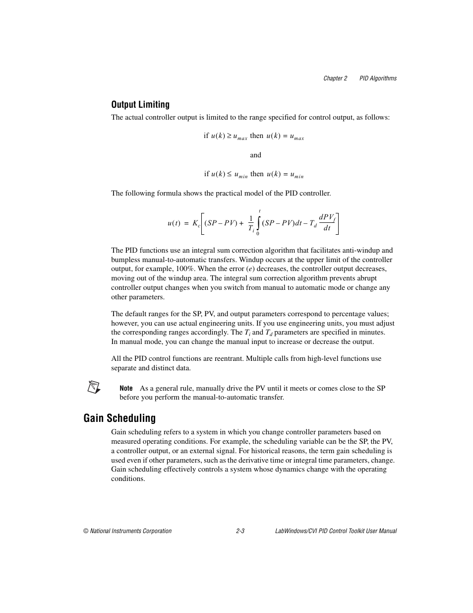 Gain scheduling, Gain scheduling -3, Output limiting | National Instruments PID Control Toolkit 371685C-01 User Manual | Page 12 / 39