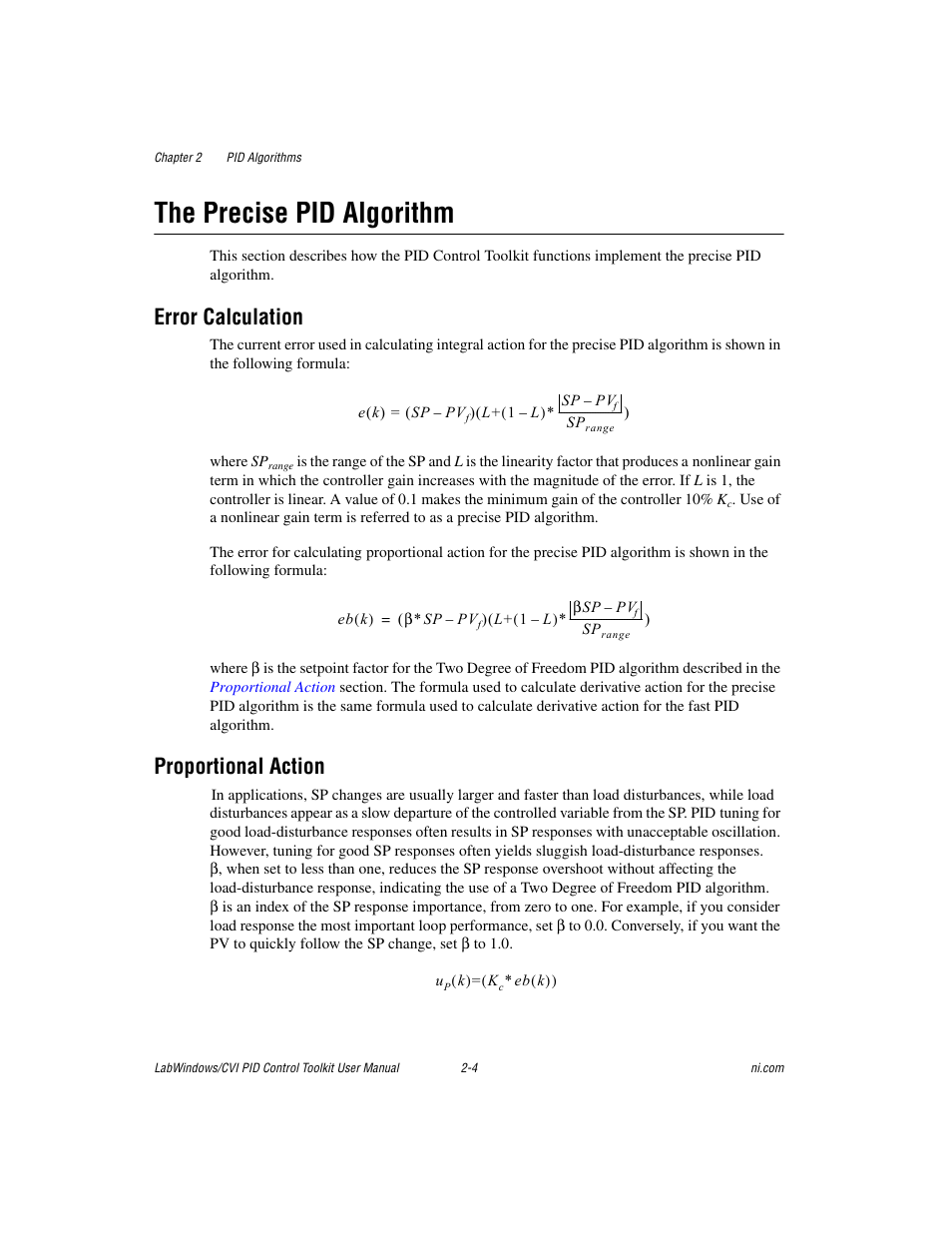 The precise pid algorithm, Error calculation, Proportional action | The precise pid algorithm -4, Error calculation -4 proportional action -4 | National Instruments PID Control Toolkit 371685C-01 User Manual | Page 13 / 39