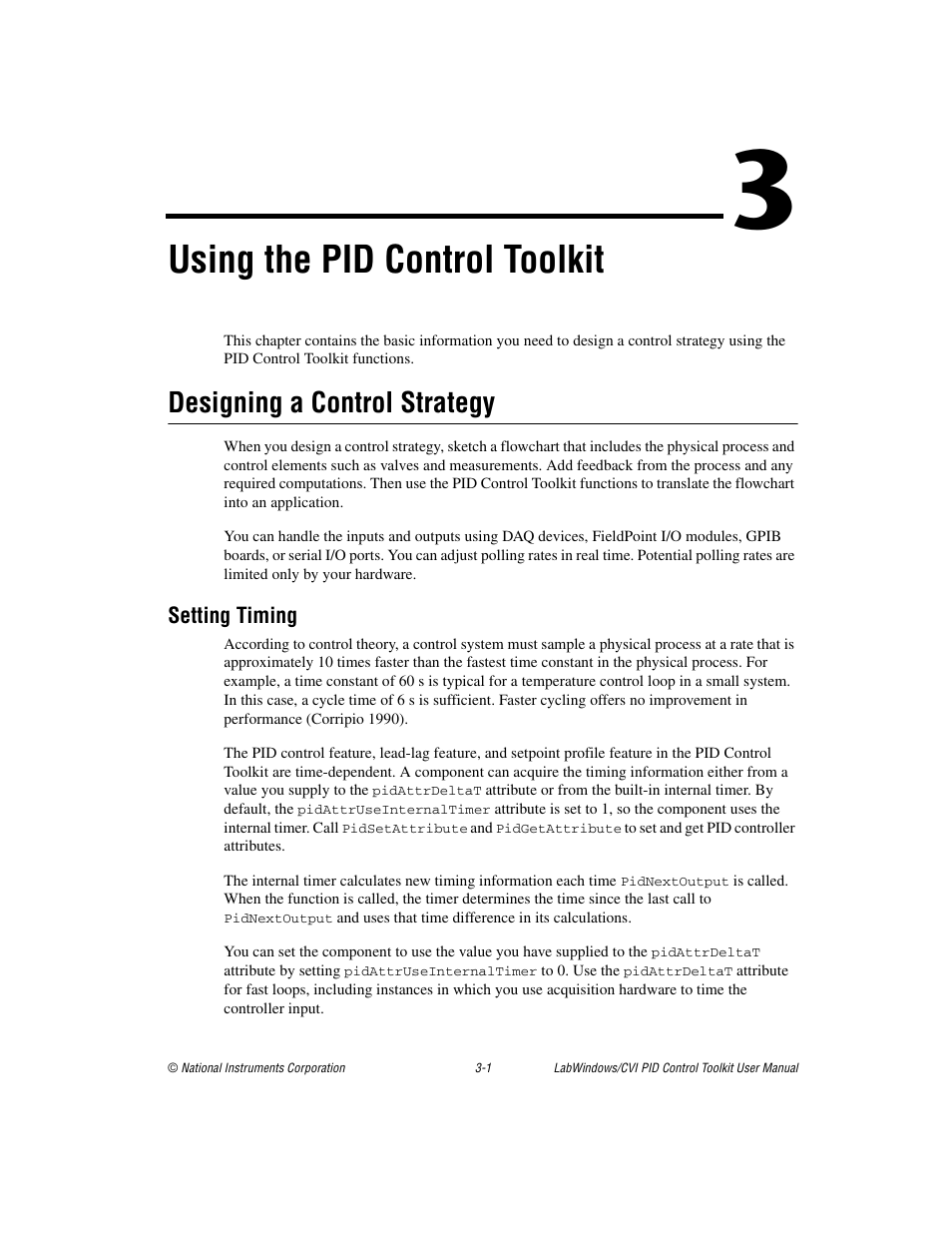 Chapter 3 using the pid control toolkit, Designing a control strategy, Setting timing | Designing a control strategy -1, Setting timing -1, Using the pid control toolkit | National Instruments PID Control Toolkit 371685C-01 User Manual | Page 18 / 39