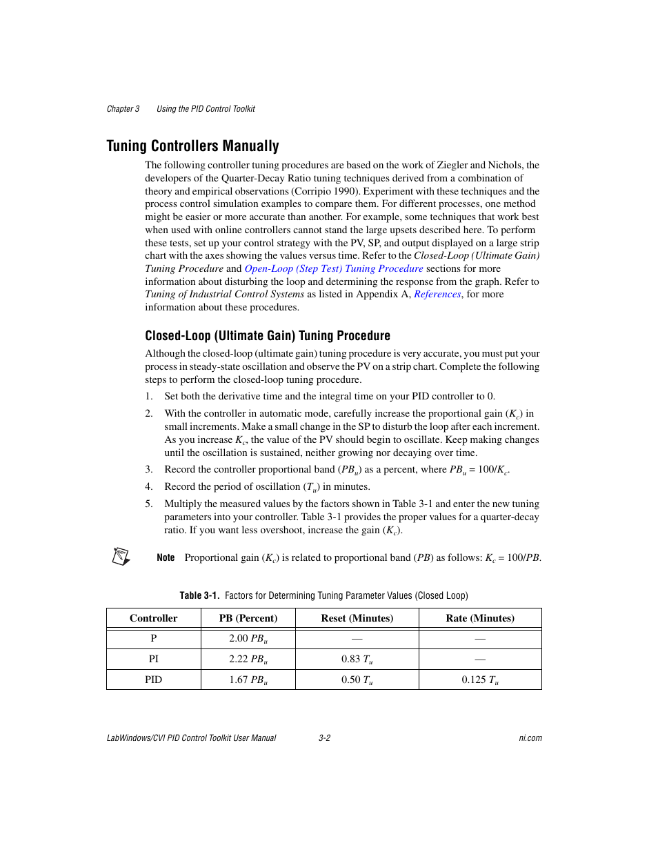 Tuning controllers manually, Tuning controllers manually -2, Closed-loop (ultimate gain) tuning procedure | National Instruments PID Control Toolkit 371685C-01 User Manual | Page 19 / 39