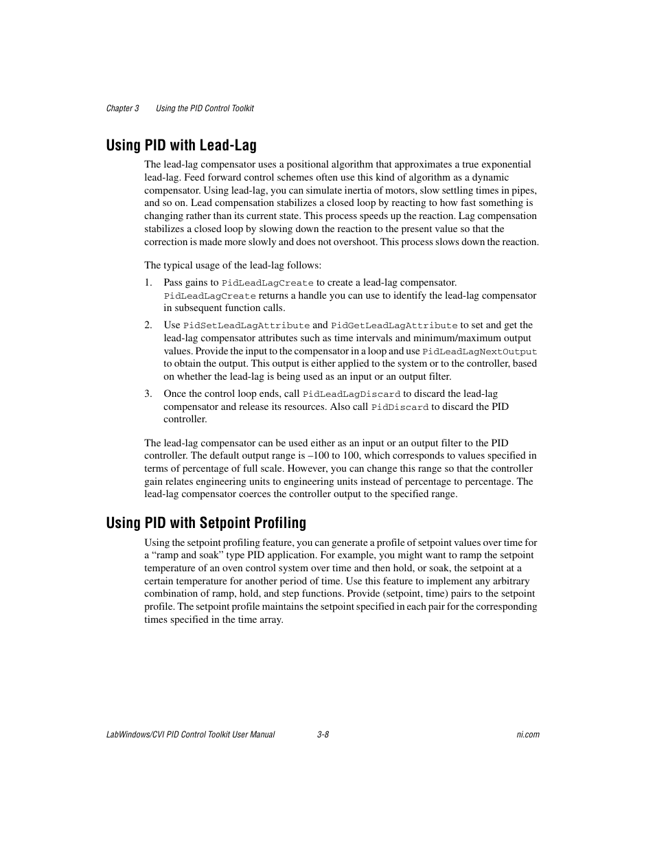 Using pid with lead-lag, Using pid with setpoint profiling | National Instruments PID Control Toolkit 371685C-01 User Manual | Page 25 / 39