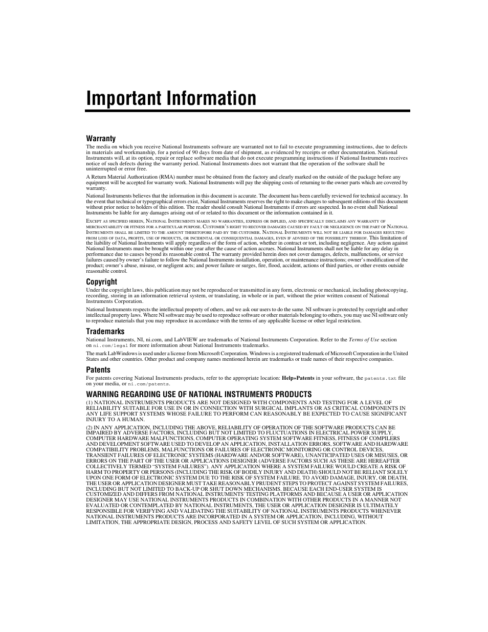 Important information, Warranty, Copyright | Trademarks, Patents | National Instruments PID Control Toolkit 371685C-01 User Manual | Page 3 / 39