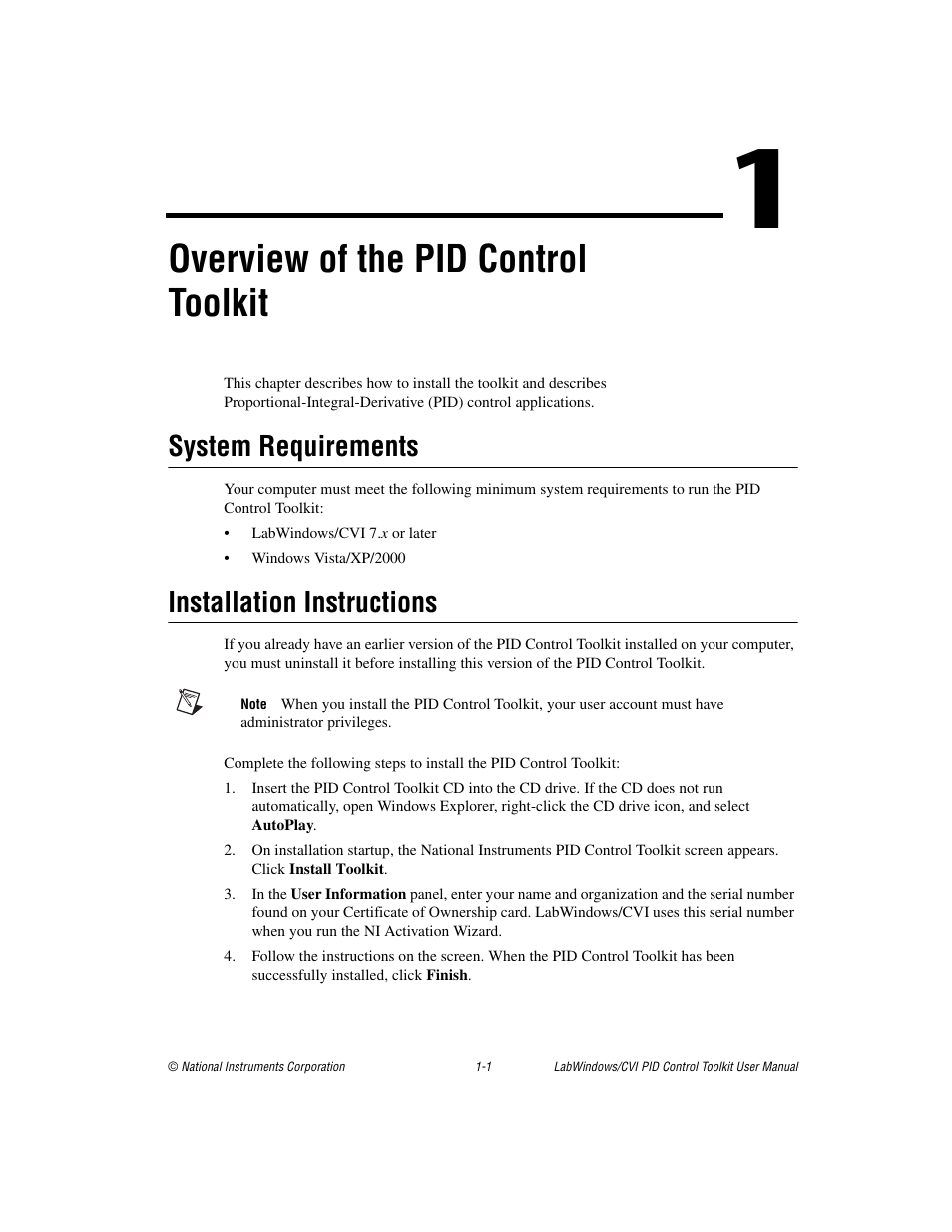 Chapter 1 overview of the pid control toolkit, System requirements, Installation instructions | Overview of the pid control toolkit | National Instruments PID Control Toolkit 371685C-01 User Manual | Page 7 / 39