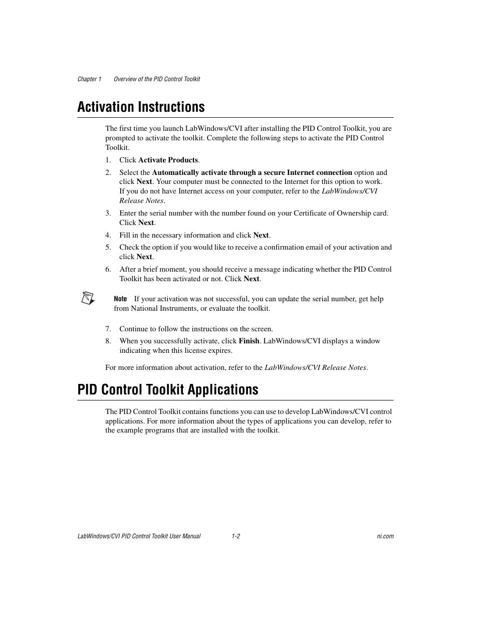 Activation instructions, Pid control toolkit applications | National Instruments PID Control Toolkit 371685C-01 User Manual | Page 8 / 39