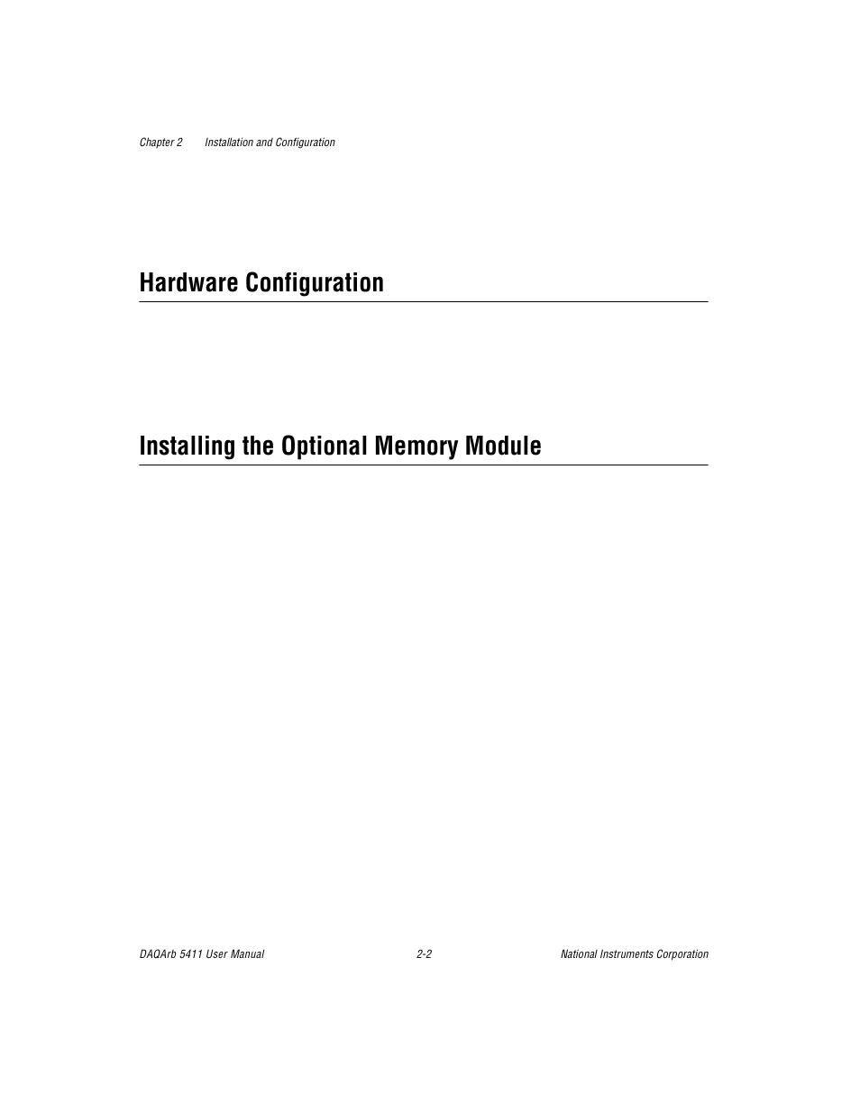 Hardware configuration, Installing the optional memory module | National Instruments 5411 User Manual | Page 17 / 84