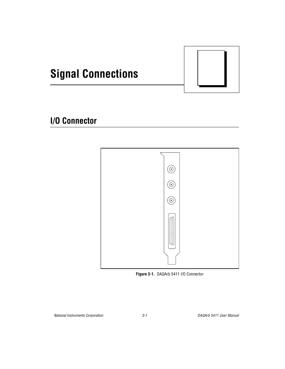 Chapter 3 signal connections, I/o connector, Figure 31. daqarb 5411 i/o connector | I/o connector -1, Figure 3-1, Daqarb 5411 i/o connector -1, Signal connections | National Instruments 5411 User Manual | Page 18 / 84