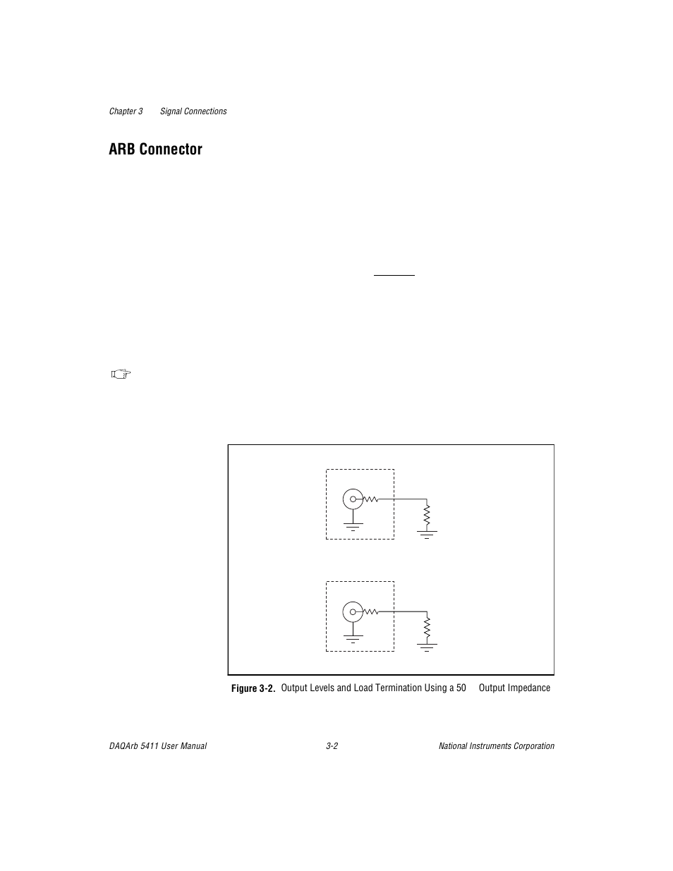 Arb connector, Figure 32. output levels and load termination usi, Arb connector -2 | Figure 3-2, Output levels and load termination using a 50, Output impedance -2 | National Instruments 5411 User Manual | Page 19 / 84
