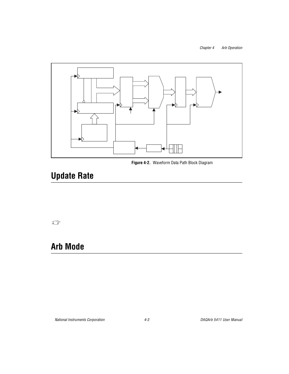 Update rate, Arb mode, Figure 42. waveform data path block diagram | Update rate -3 arb mode -3, Figure 4-2, Waveform data path block diagram -3 | National Instruments 5411 User Manual | Page 28 / 84