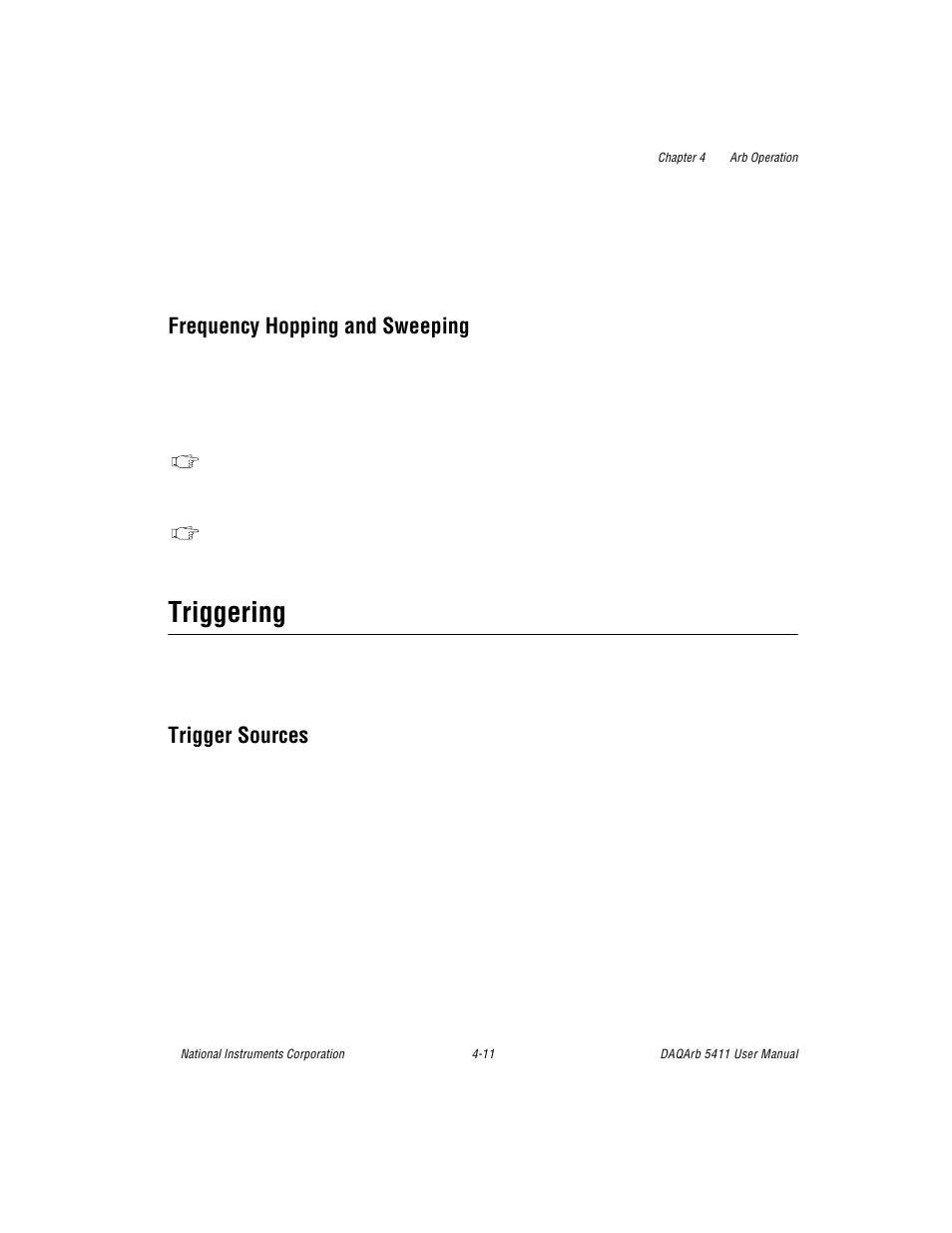 Frequency hopping and sweeping, Triggering, Trigger sources | Frequency hopping and sweeping -11, Triggering -11, Trigger sources -11 | National Instruments 5411 User Manual | Page 36 / 84