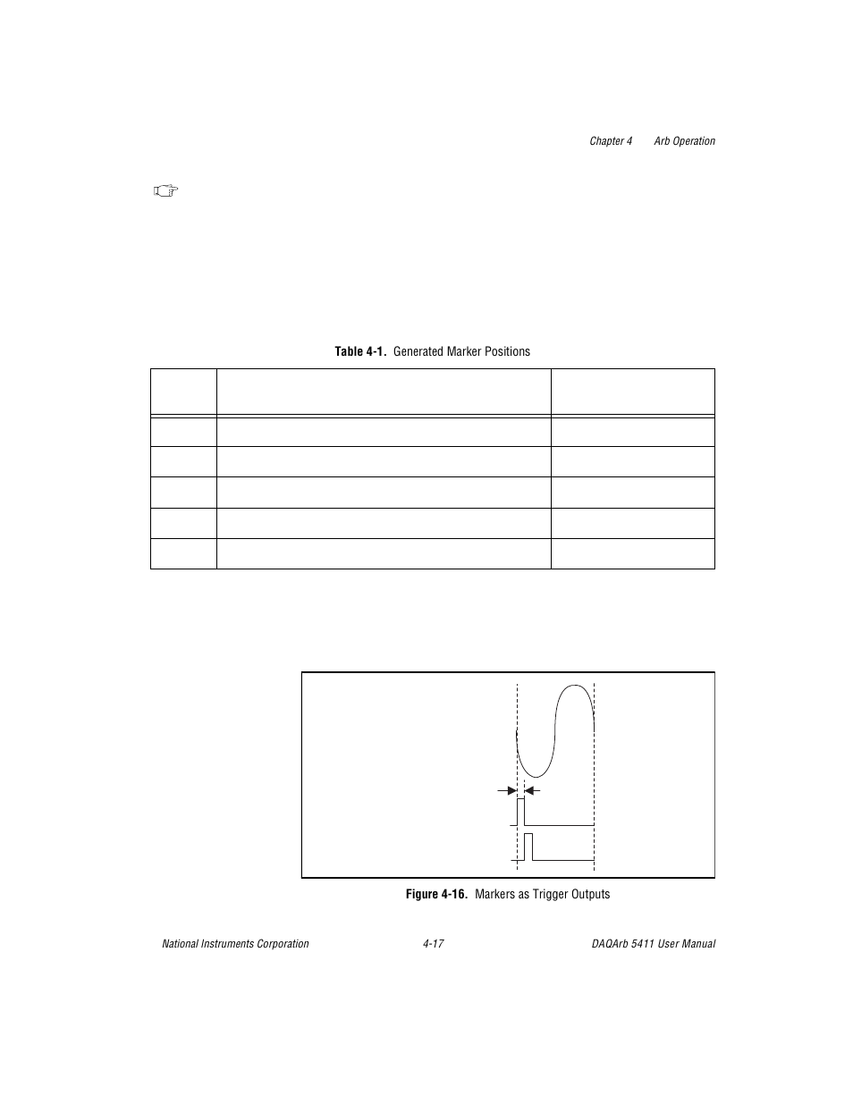 Figure 416. markers as trigger outputs, Table 41. generated marker positions, Figure 4-16. markers as trigger outputs -17 | Table 4-1, Generated marker positions -17 | National Instruments 5411 User Manual | Page 42 / 84