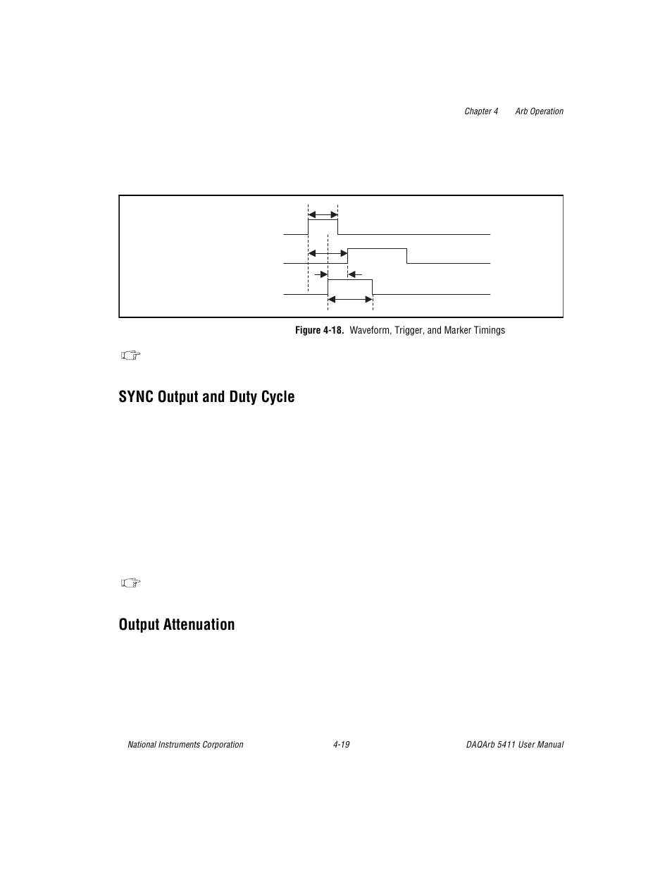 Sync output and duty cycle, Output attenuation, Figure 418. waveform, trigger, and marker timings | National Instruments 5411 User Manual | Page 44 / 84