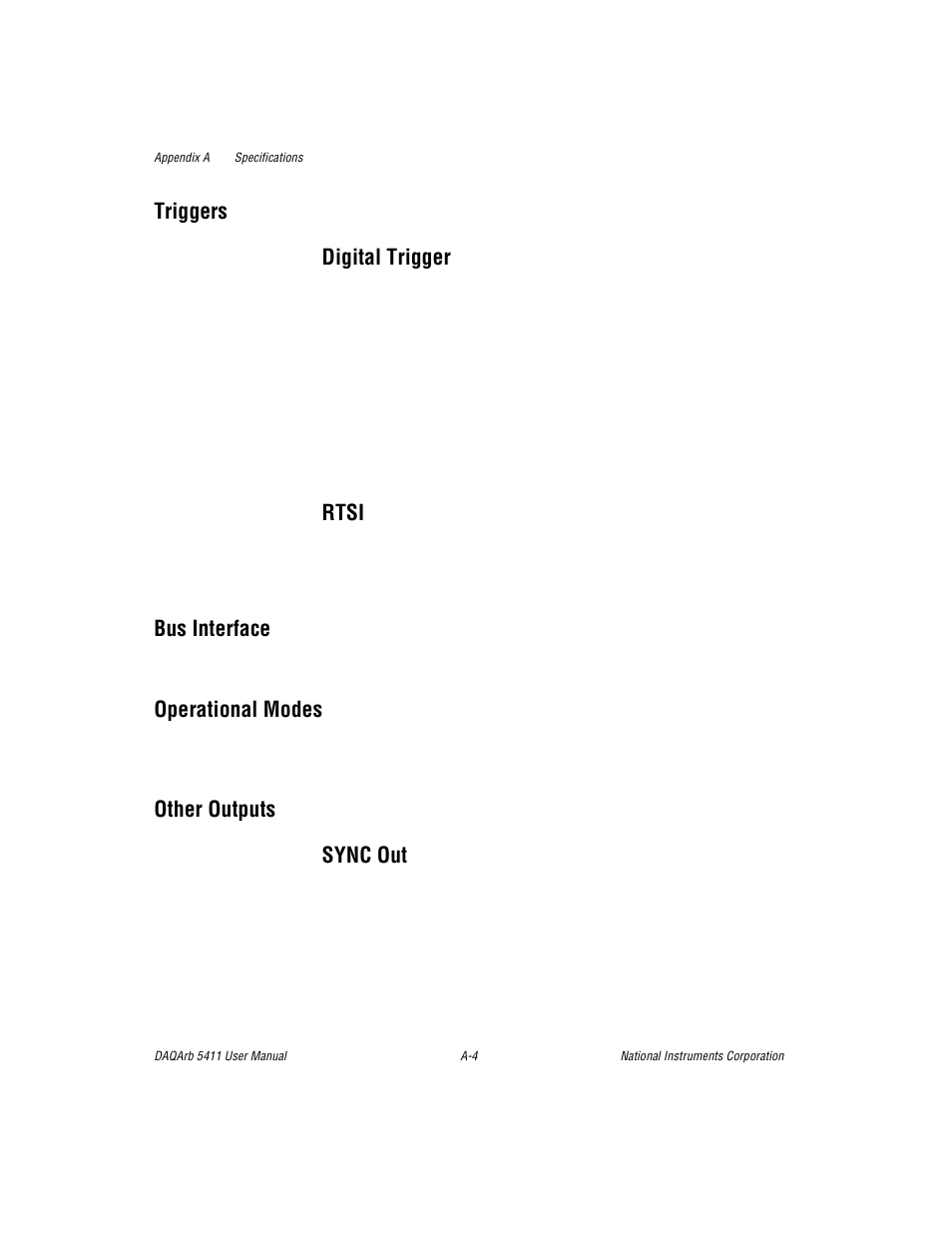 Triggers, Digital trigger, Rtsi | Bus interface, Operational modes, Other outputs, Sync out, Triggers digital trigger, Other outputs sync out | National Instruments 5411 User Manual | Page 57 / 84