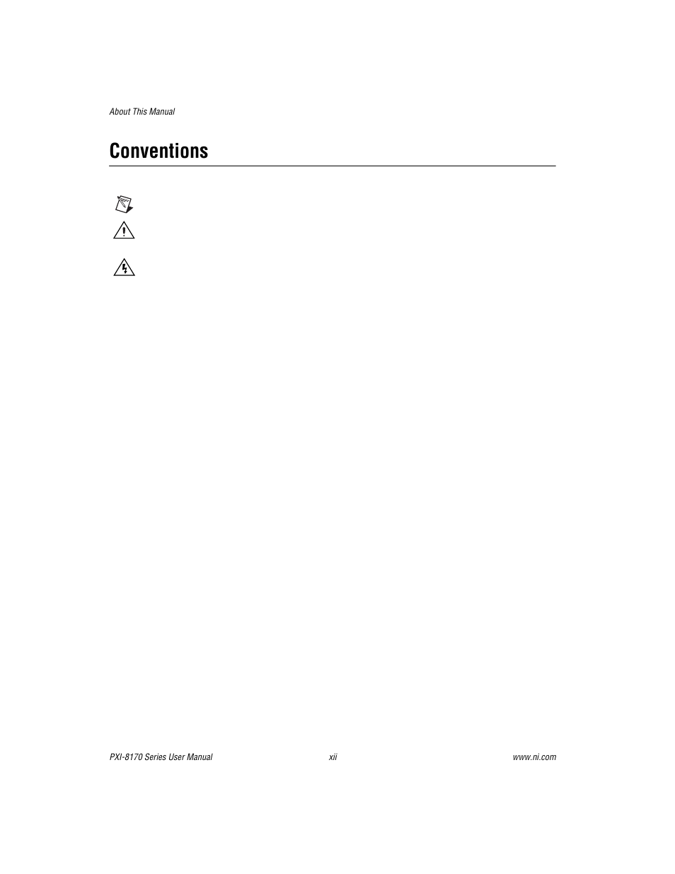 Conventions | National Instruments PXI-8170 Series User Manual | Page 11 / 67