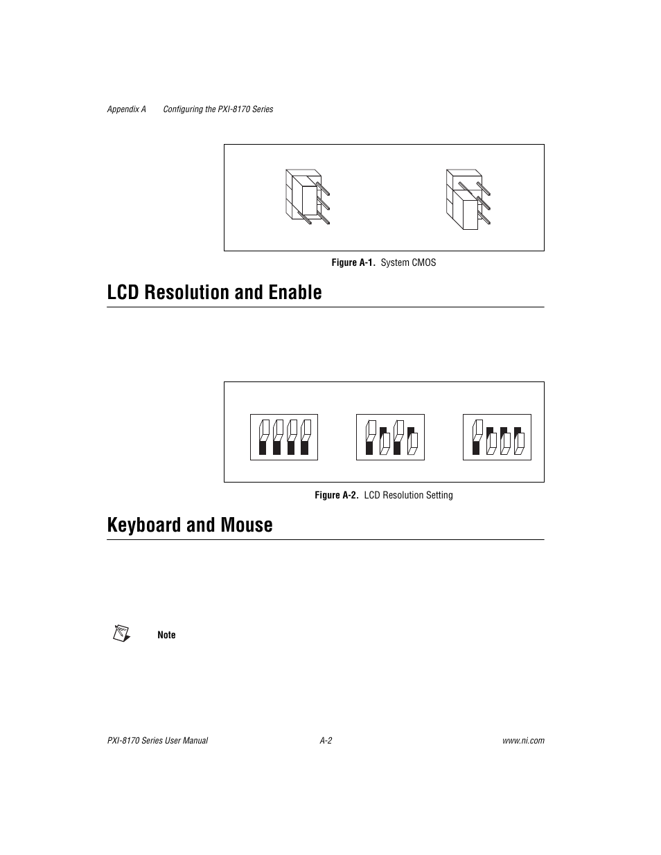 Lcd resolution and enable, Keyboard and mouse, Figure a-1. system cmos | Figure a-2. lcd resolution setting, Figure a-1, Figure a-2, Refer to the, A-1b | National Instruments PXI-8170 Series User Manual | Page 34 / 67