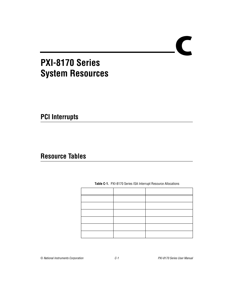 Appendix c pxi-8170 series system resources, Pci interrupts, Resource tables | Table c-1, Pxi-8170 series system resources | National Instruments PXI-8170 Series User Manual | Page 39 / 67