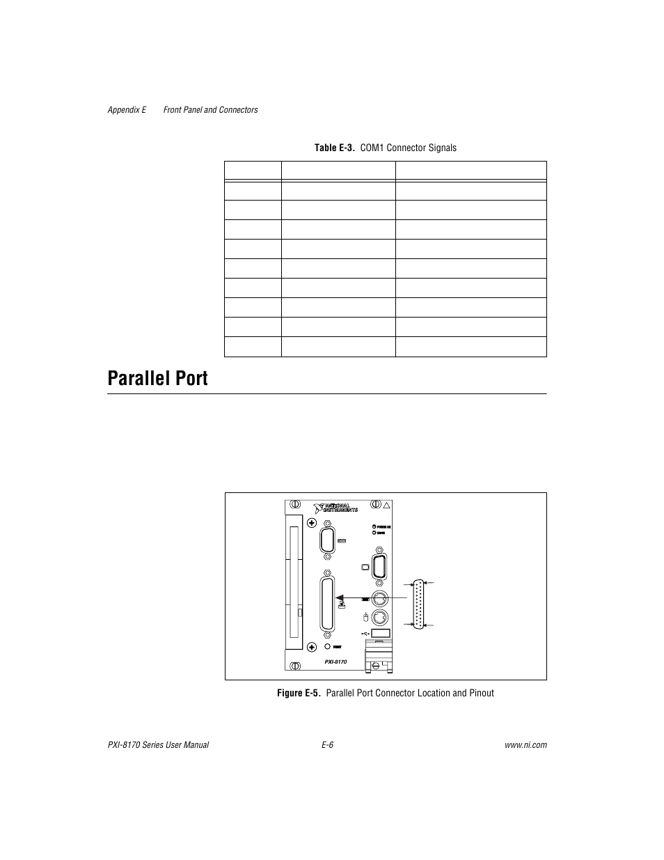 Parallel port, Table e-3. com1 connector signals, Figure e-5 | Table e-3 | National Instruments PXI-8170 Series User Manual | Page 47 / 67