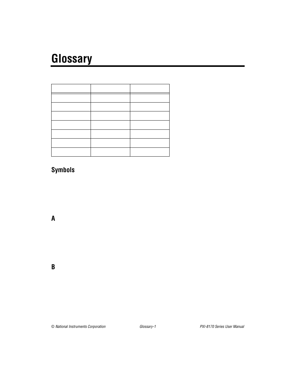 Glossary, Symbols | National Instruments PXI-8170 Series User Manual | Page 57 / 67