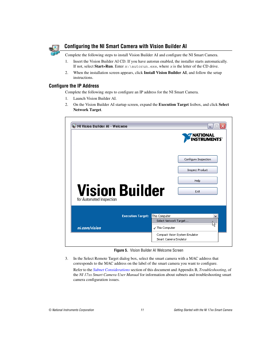 Configure the ip address, Figure 5. vision builder ai welcome screen, Configuring the ni smart camera with vision | Builder ai | National Instruments NI Vision NI 17xx User Manual | Page 11 / 16