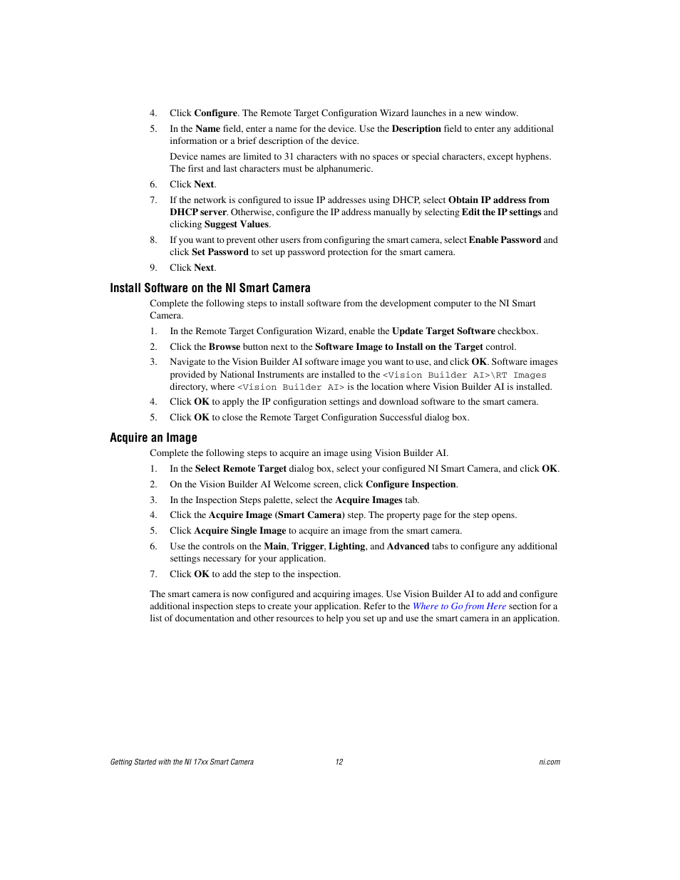 Install software on the ni smart camera, Acquire an image | National Instruments NI Vision NI 17xx User Manual | Page 12 / 16