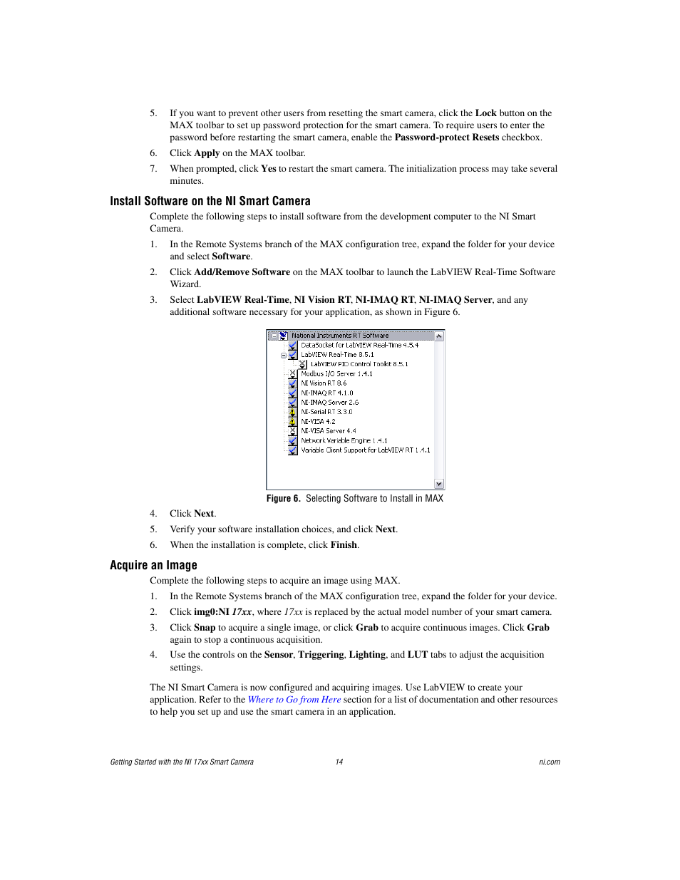 Install software on the ni smart camera, Figure 6. selecting software to install in max, Acquire an image | National Instruments NI Vision NI 17xx User Manual | Page 14 / 16