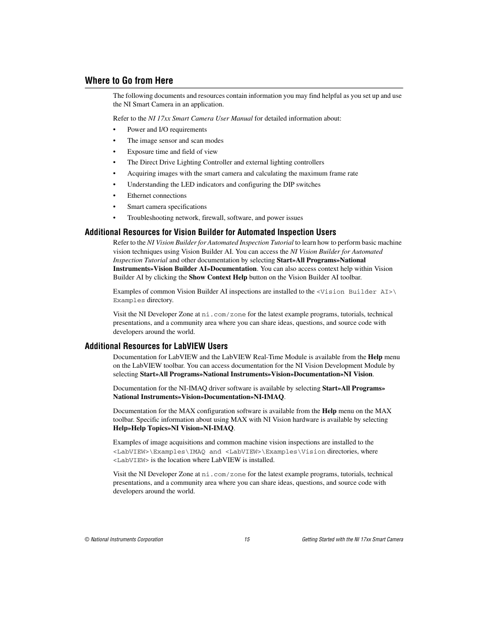 Where to go from here, Additional resources for labview users | National Instruments NI Vision NI 17xx User Manual | Page 15 / 16