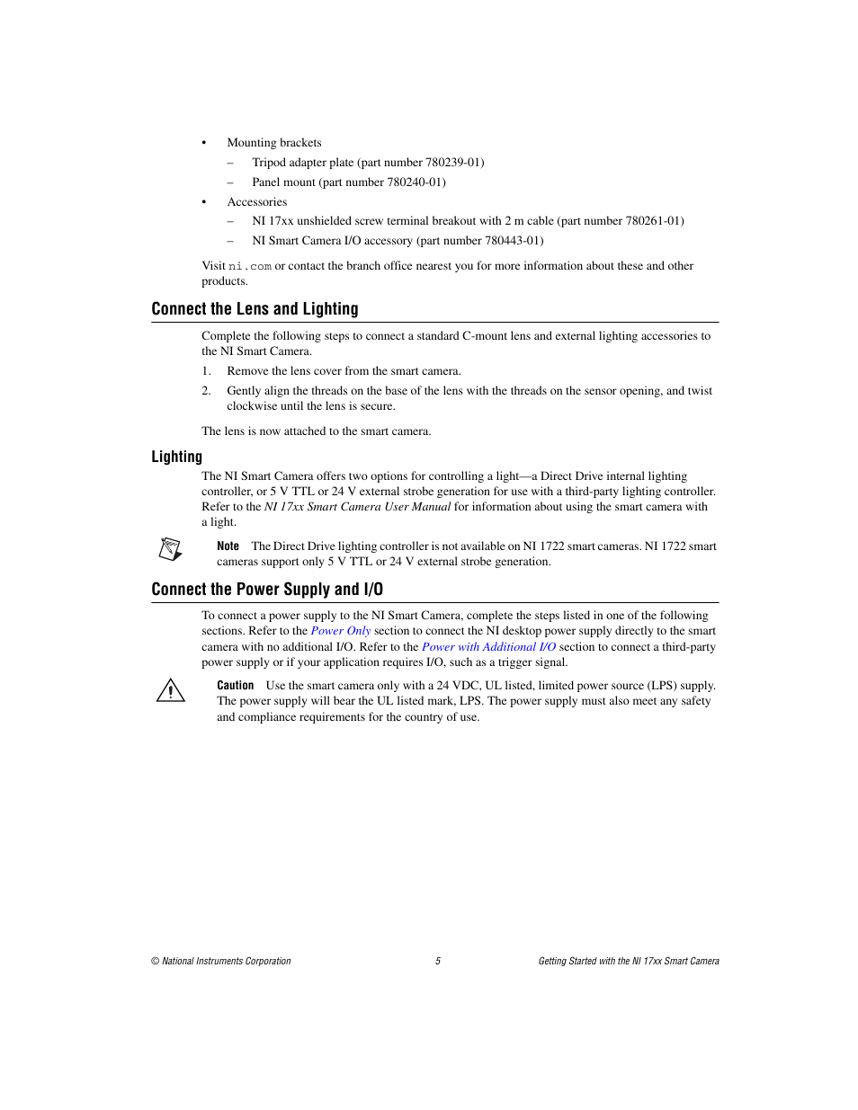 Connect the lens and lighting, Lighting, Connect the power supply and i/o | National Instruments NI Vision NI 17xx User Manual | Page 5 / 16