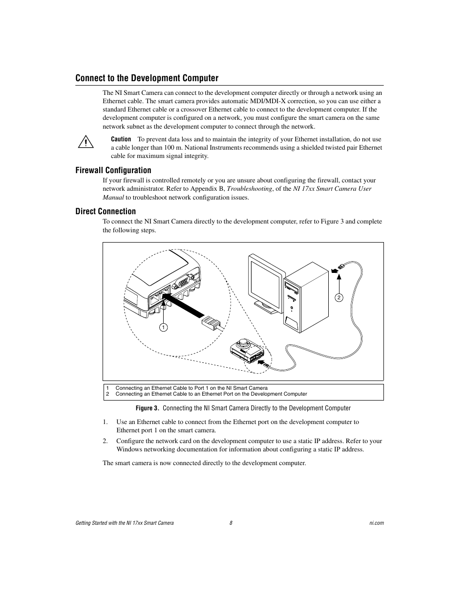 Connect to the development computer, Firewall configuration, Direct connection | National Instruments NI Vision NI 17xx User Manual | Page 8 / 16