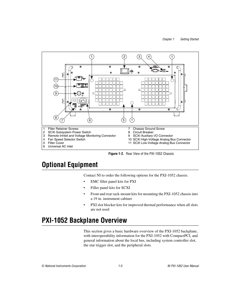 Figure 1-2. rear view of the pxi-1052 chassis, Optional equipment, Pxi-1052 backplane overview | National Instruments PXI NI PXI-1052 User Manual | Page 12 / 70